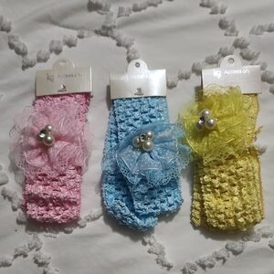 Lot of 6 Baby Girl Lace Headbands with Pearl Detail – Pink, Blue & Yellow